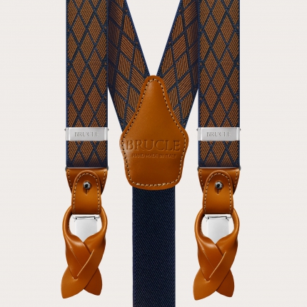 Elegantes tirantes elásticos de doble uso en jacquard azul y naranja con motivo de rombos