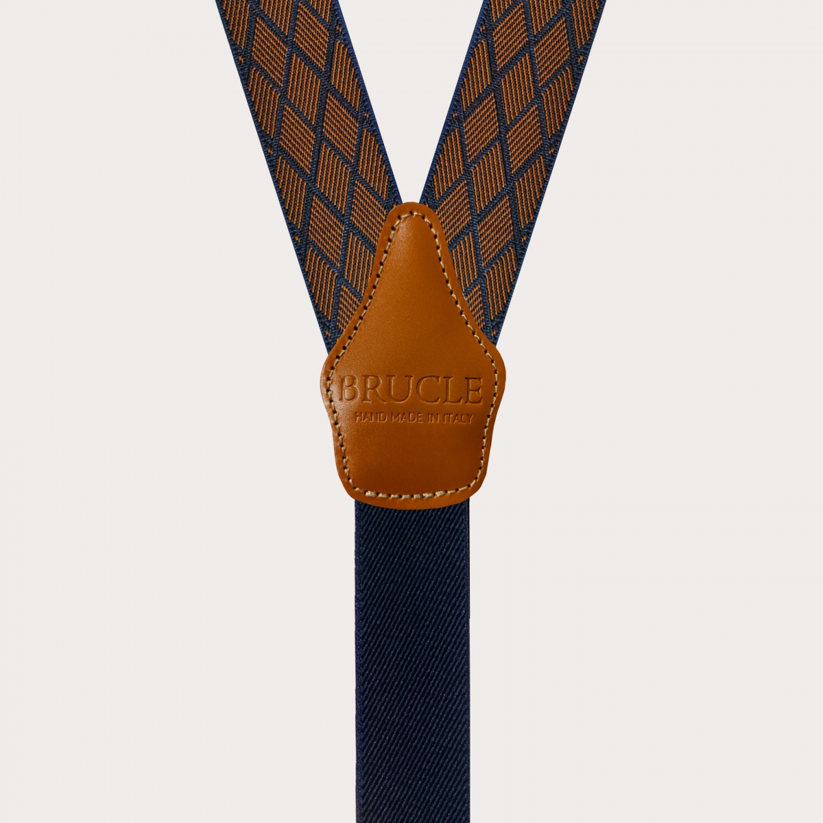 Bretelle uomo eleganti elastiche doppio uso jacquard blu e arancio motivo rombi