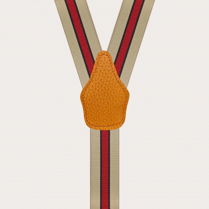 Y-shape elastic suspenders with clips, beige and red regimental