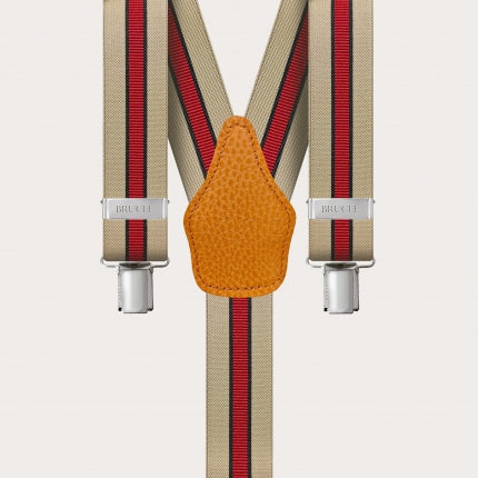 Y-shape elastic suspenders with clips, beige and red regimental