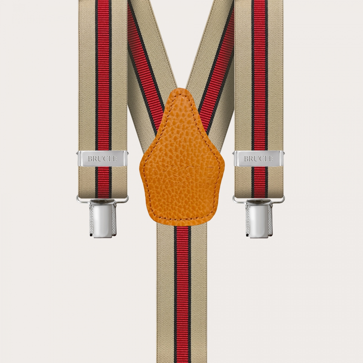 Bretelles larges rayée beige et rouge avec 3 clips