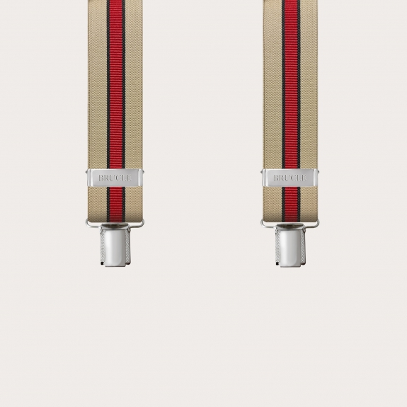 Bretelles larges rayée beige et rouge avec 3 clips