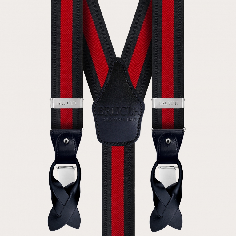 Elastic suspenders with red and black herringbone stripe