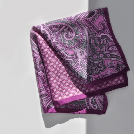 Men's multi-patterned silk pocket square, pink and burgundy paisley