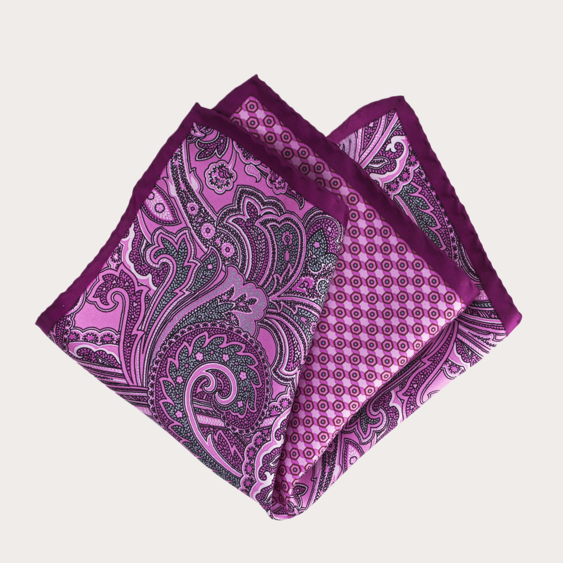 Men's multi-patterned silk pocket square, pink and burgundy paisley