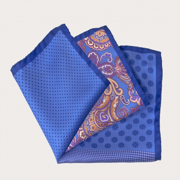 Men's multi-patterned silk pocket square, blue paisley