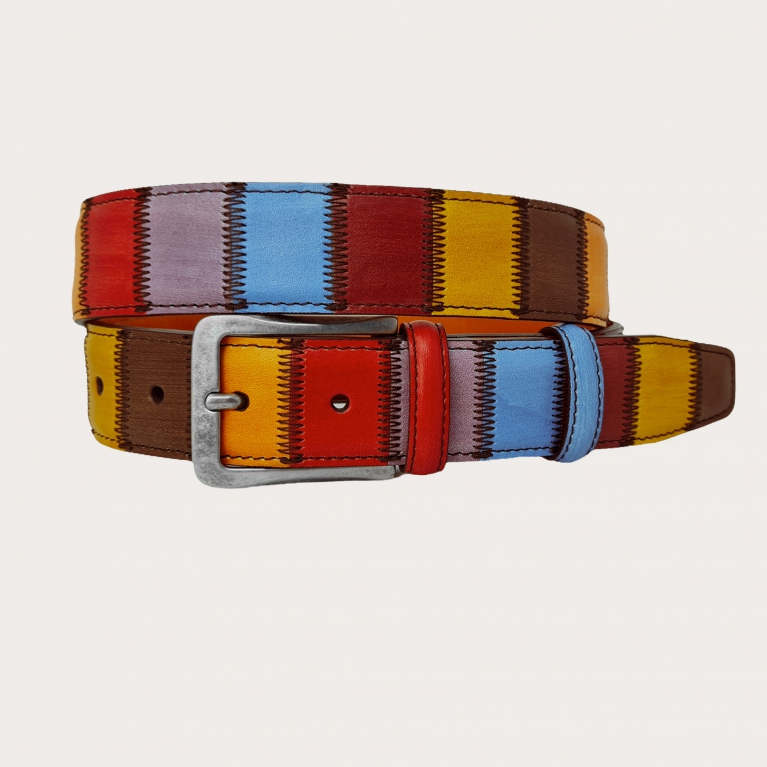 Multicolored patchwork belt in hand-colored leather