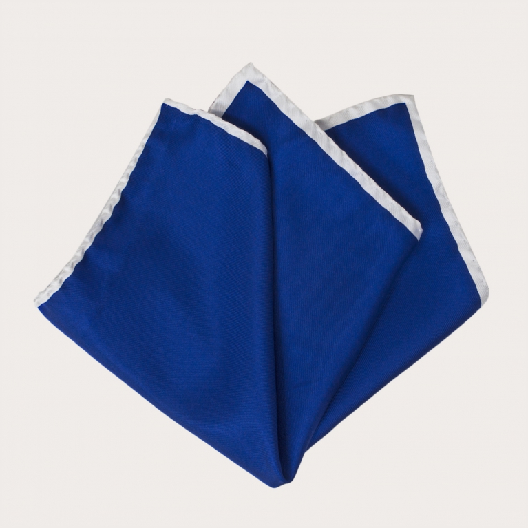 Elegante pañuelo de bolsillo para hombre en pura seda azul con borde en contraste blanco