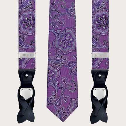 Bretelle e cravatta coordinate in seta, fantasia paisley viola