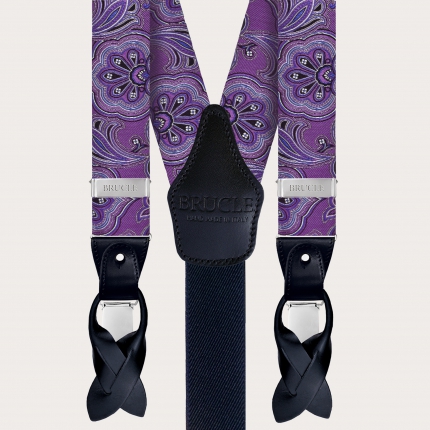Bretelle e cravatta coordinate in seta, fantasia paisley viola