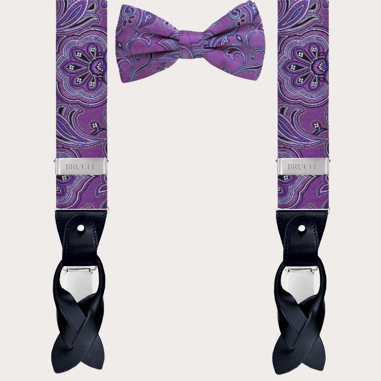 Coordinated silk suspenders and bow tie, purple paisley pattern