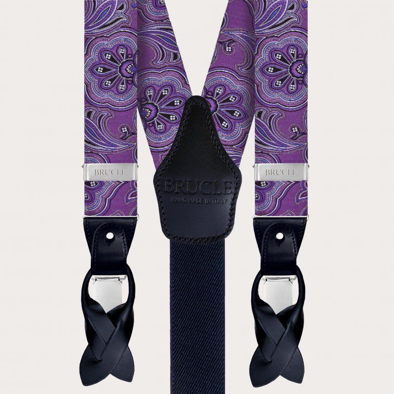 Coordinated silk suspenders and bow tie, purple paisley pattern