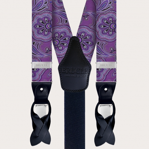 BRUCLE Coordinated silk suspenders and bow tie, purple paisley pattern