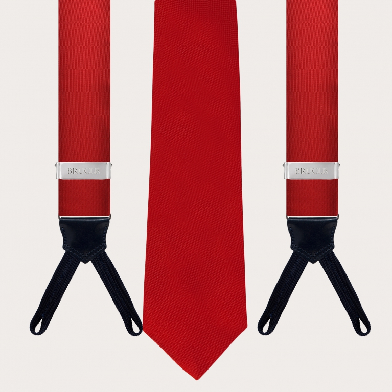 Ensemble de bretelles homme avec boutonnières et cravate en soie, rouge