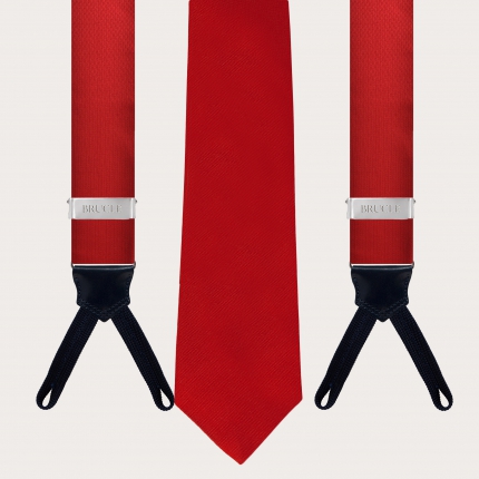 Set of men's suspenders with buttonholes and necktie in silk, red