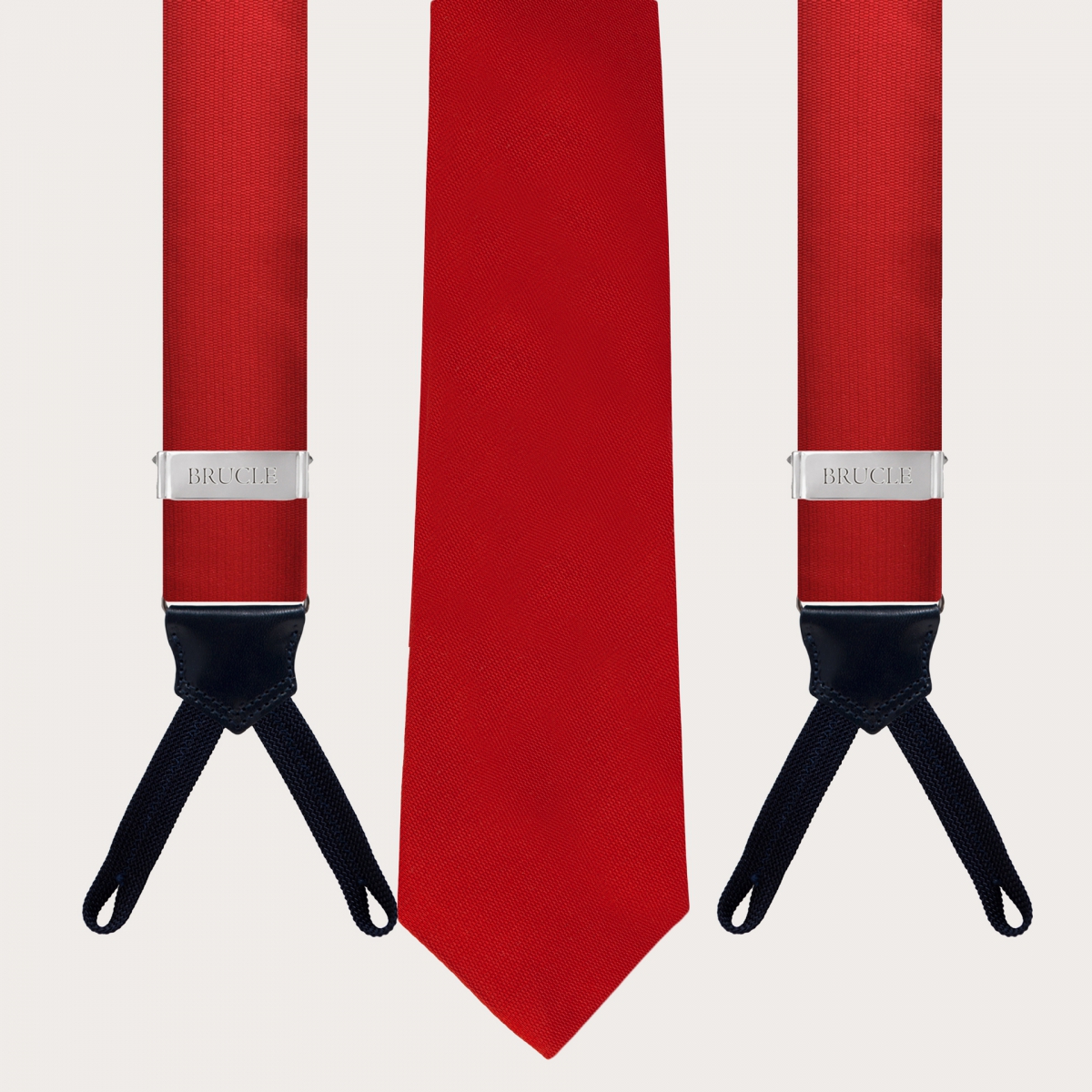 BRUCLE Set of men's suspenders with buttonholes and necktie in silk, red