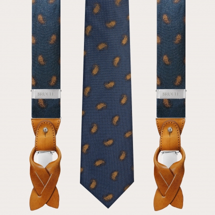 Set elegante uomo bretelle e cravatta in seta, paisley sfumato blu