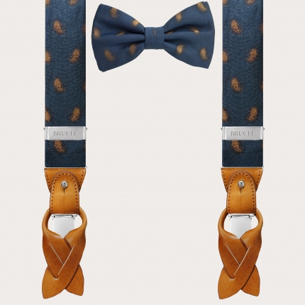 Coordinated suspenders and bow tie in silk, blue paisley pattern