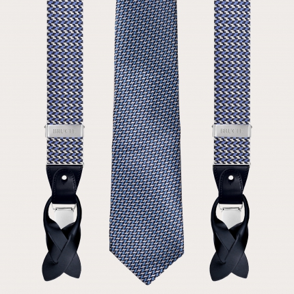 Elégant ensemble bretelles et cravate pour homme en soie, motif bleu clair et argent