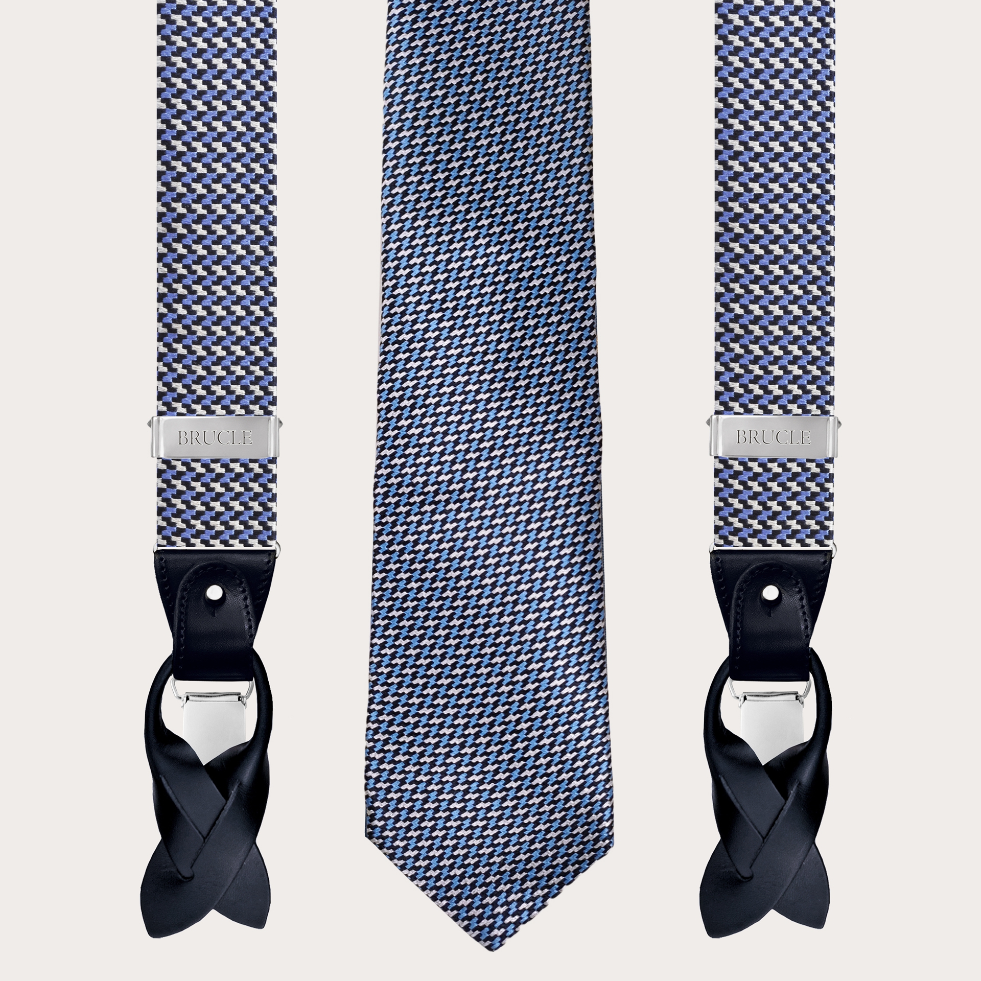 Set elegante uomo bretelle e cravatta in seta, fantasia geometrica azzurro e argento
