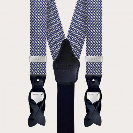 Set elegante uomo bretelle e cravatta in seta, fantasia geometrica azzurro e argento