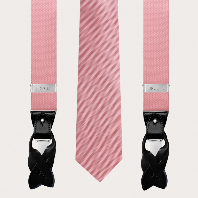 Conjunto de tirantes y corbata a juego en jacquard de seda, rosa