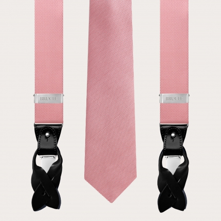 Coordinated set of suspenders and necktie in jacquard silk, pink