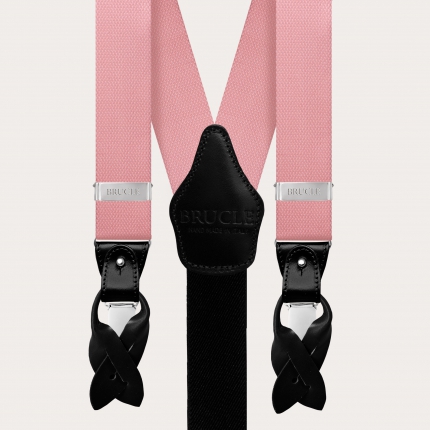 Coordinated set of suspenders and necktie in jacquard silk, pink