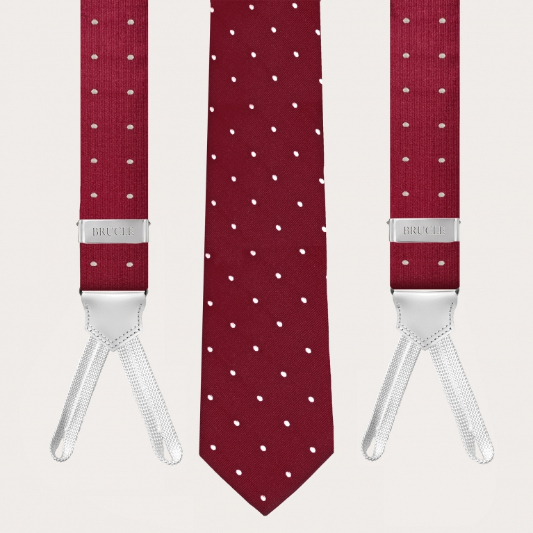 Tirantes y corbata coordinados en jacquard de seda burdeos con lunares