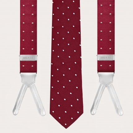 Coordinated suspenders and necktie in jacquard silk, bordeaux with polka dots