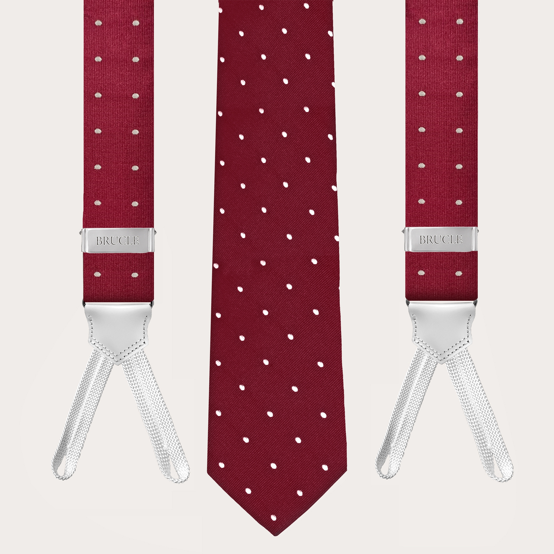 BRUCLE Tirantes y corbata coordinados en jacquard de seda burdeos con lunares