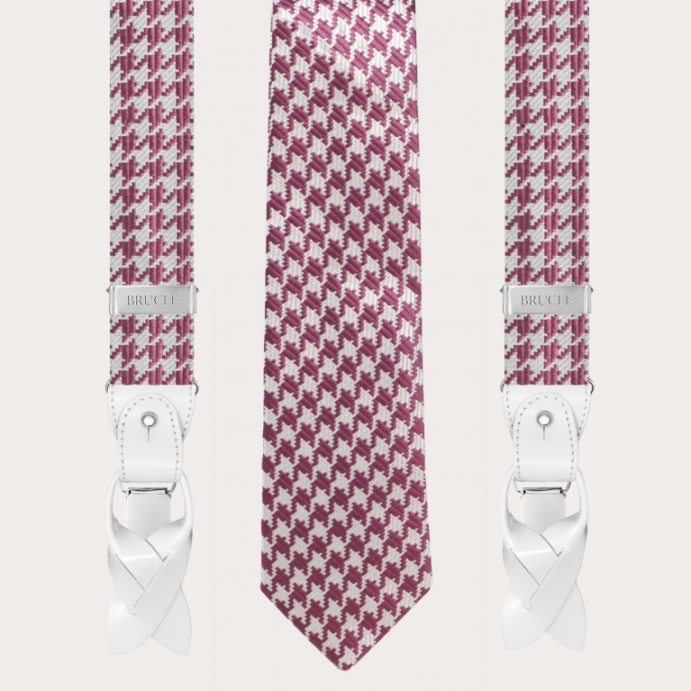 Coordinated set of suspenders and necktie in jacquard silk, pink houndstooth