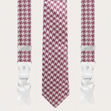 Coordinato bretelle e cravatta in seta jacquard, pied de poule rosa