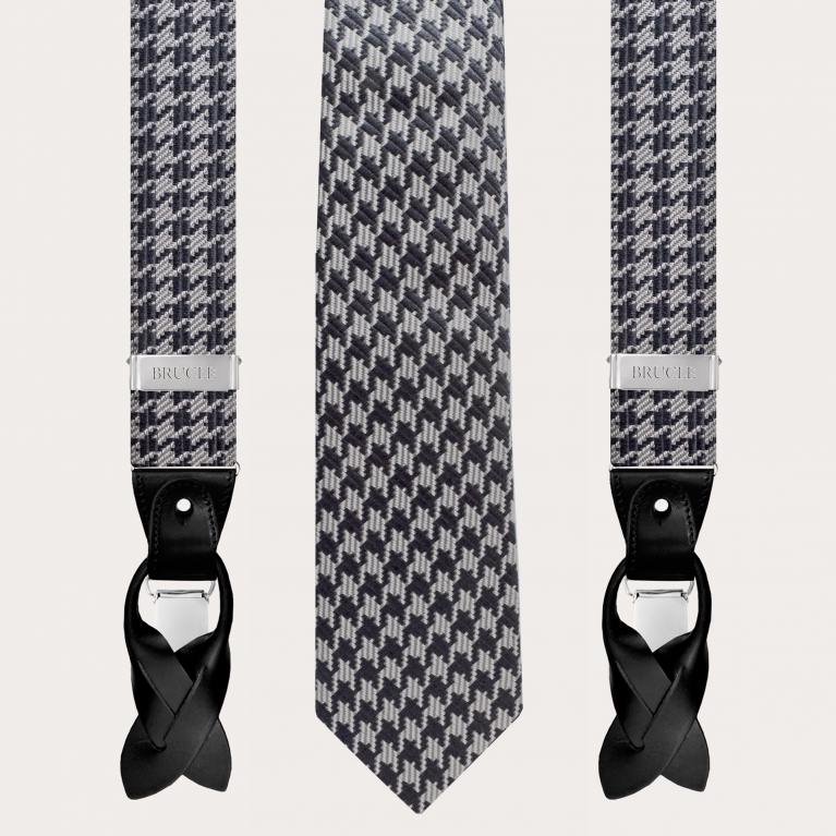 Coordinated set of suspenders and necktie in jacquard silk, black houndstooth