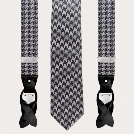 Coordinato bretelle e cravatta in seta jacquard, pied de poule nero