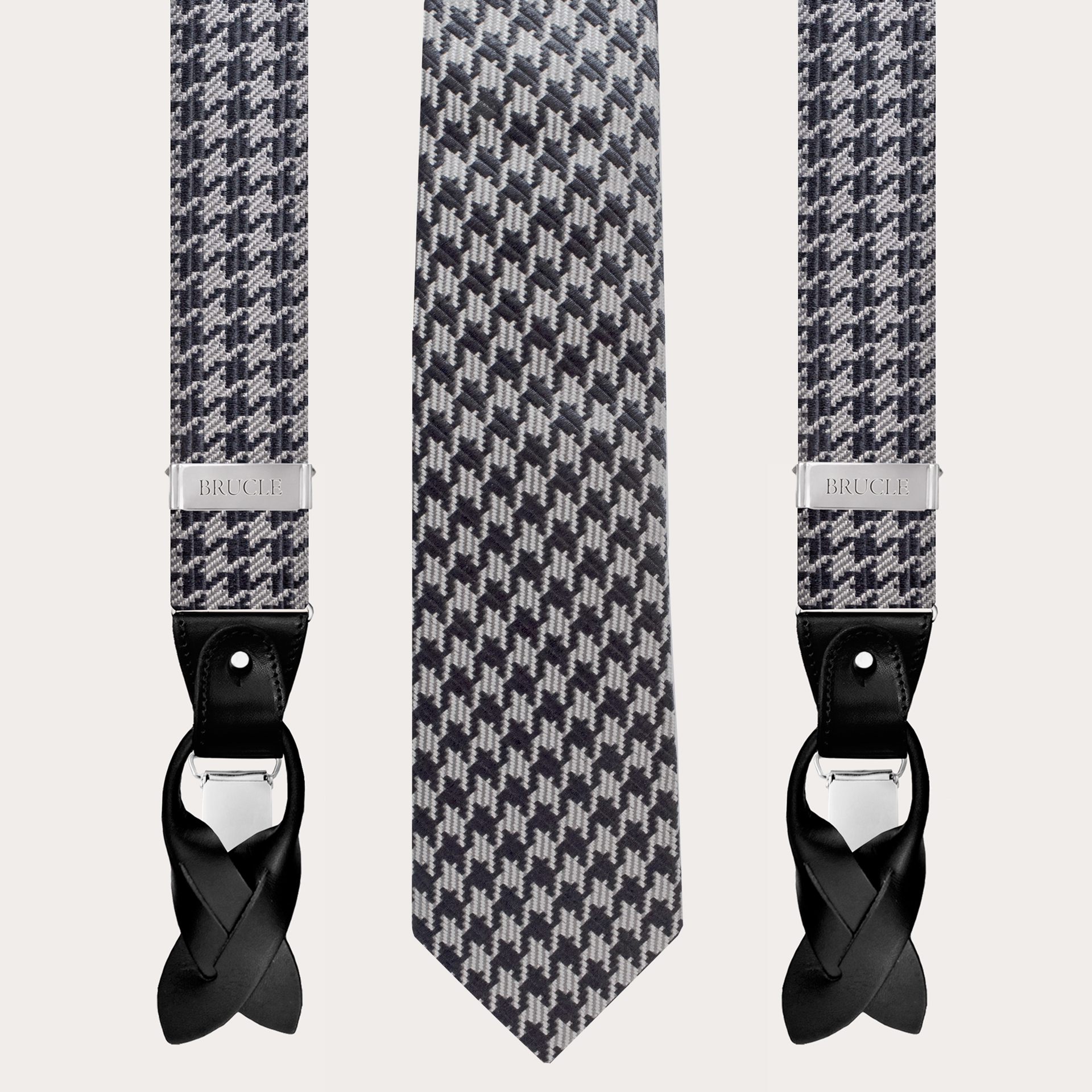 BRUCLE Coordinato bretelle e cravatta in seta jacquard, pied de poule nero