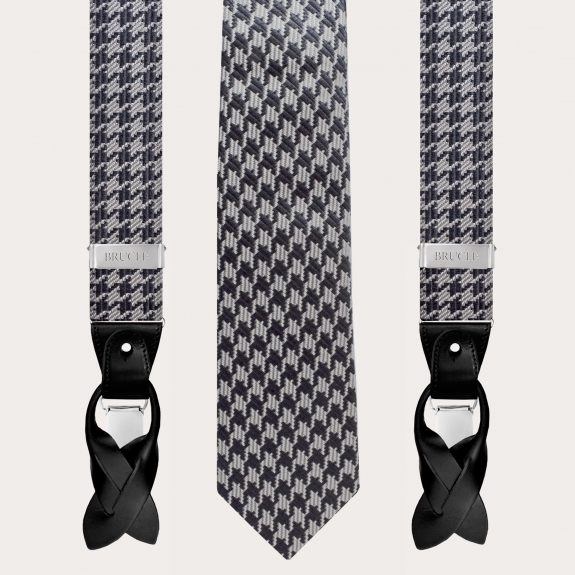 BRUCLE Ensemble coordonné bretelles et cravate en soie jacquard, pied de poule noir