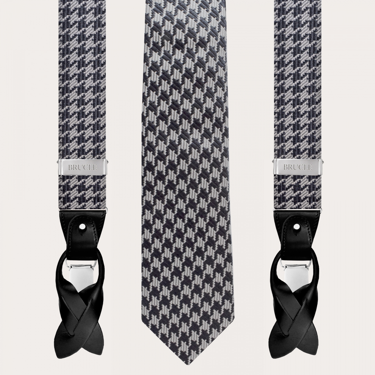 BRUCLE Abgestimmtes Set aus Hosenträgern und Krawatte aus Jacquardseide, Schwarz-Hahnentrittmuster