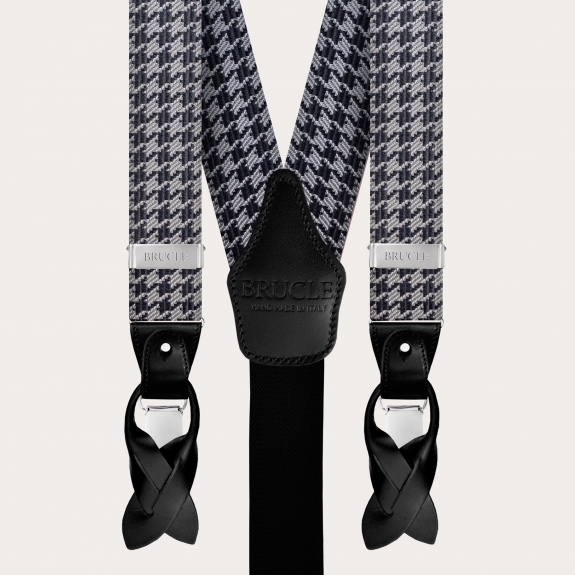 BRUCLE Coordinato bretelle e cravatta in seta jacquard, pied de poule nero