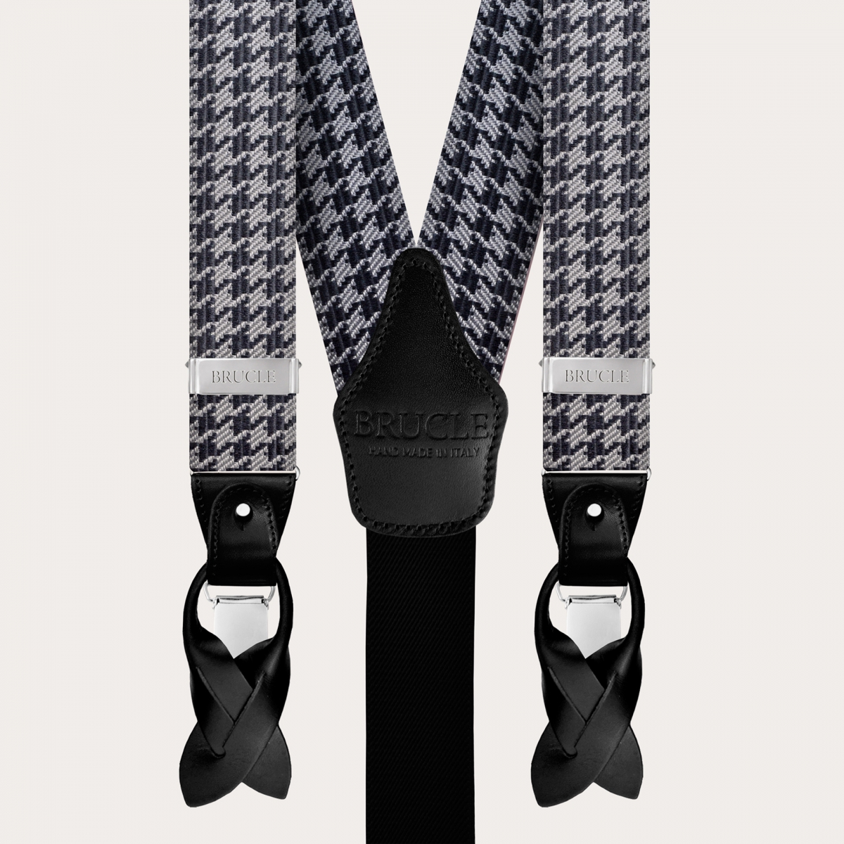 BRUCLE Coordinated set of suspenders and necktie in jacquard silk, black houndstooth