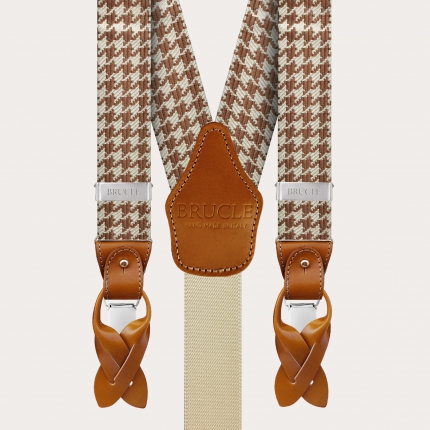 Coordinated set of suspenders and necktie in jacquard silk, beige houndstooth