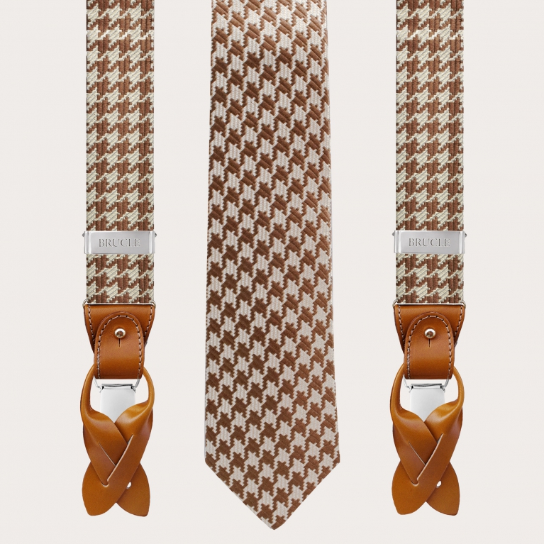 Coordinato bretelle e cravatta in seta jacquard, pied de poule beige