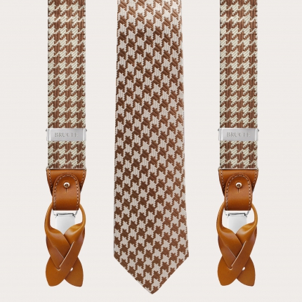 Ensemble coordonné bretelles et cravate en soie jacquard, pied de poule beige