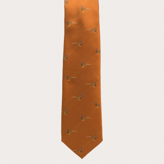 Brucle cravatta arancione in seta jacquard ricamata con fagiani