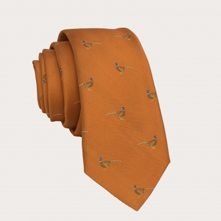 Coordinated set of suspenders and necktie in jacquard silk, orange pattern