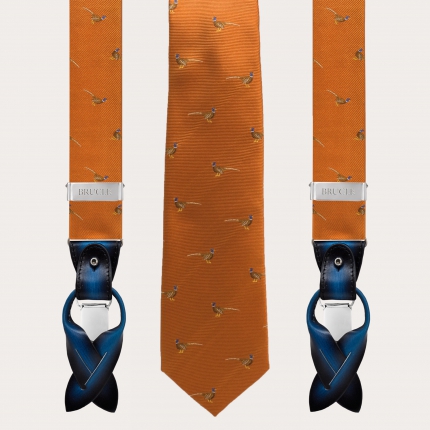 Coordinato bretelle e cravatta in seta jacquard, fantasia arancio con fagiani