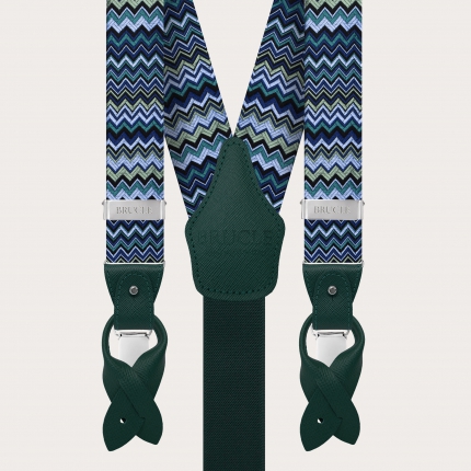 Formal Y-shape fabric suspenders in silk, blue with wave pattern