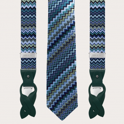 Coordinato bretelle doppio uso e cravatta in seta jacquard, fantasia geometrica a onde