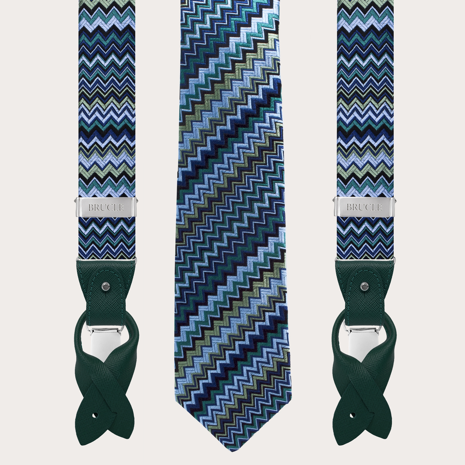 BRUCLE Ensemble coordonné bretelles et cravate en soie jacquard, motif de vague géométrique