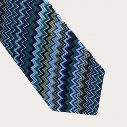 Coordinated set of suspenders and necktie in jacquard silk, geometric wave pattern